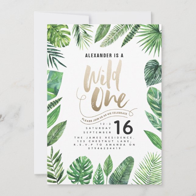 Tropical foliage + gold script wild one birthday (Front)
