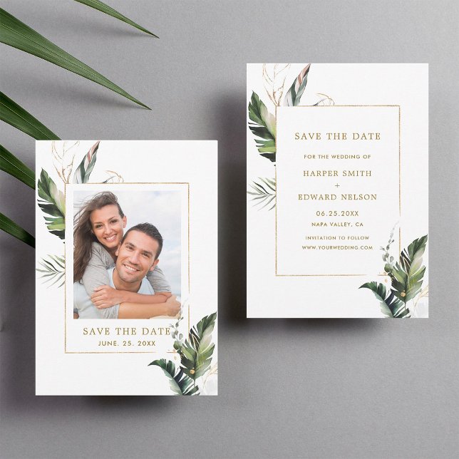 Tropical Foliage Gold Wedding Photo Save the Date (Front & Back)