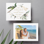 Tropical Foliage Gold Wedding Photo Save The Date<br><div class="desc">This wedding save the date invitation card features watercolor palm tree leaves,  banana leaves,  exotic tropical leaves,  faux gold leaves with a faux gold diamond shape frame,  and a photo on the back.  It's perfect for a tropical,  beach,  summer,  or destination wedding.</div>