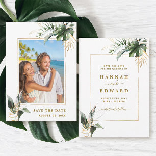 Tropical Foliage Gold Wedding Photo Save The Date
