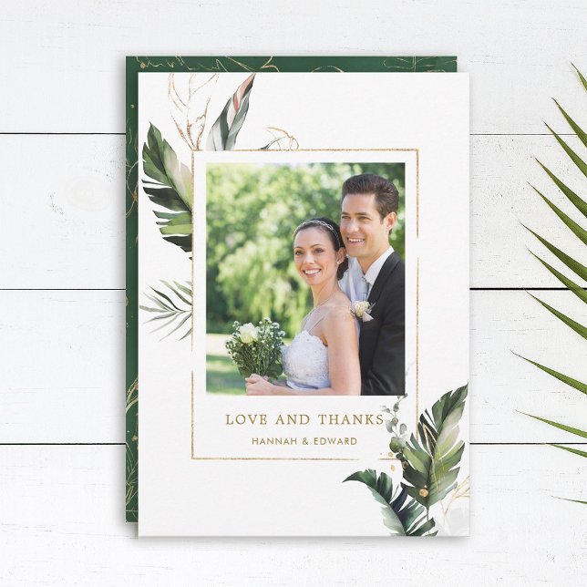 Tropical Foliage Gold Wedding Photo Thank You Card (Creator Uploaded)