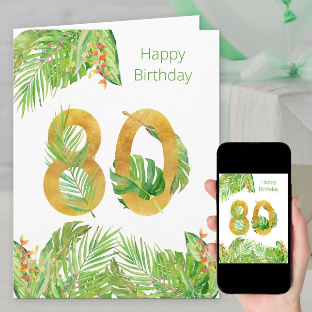Tropical Foliage Green and Gold Big 80th Birthday Card (Creator Uploaded)