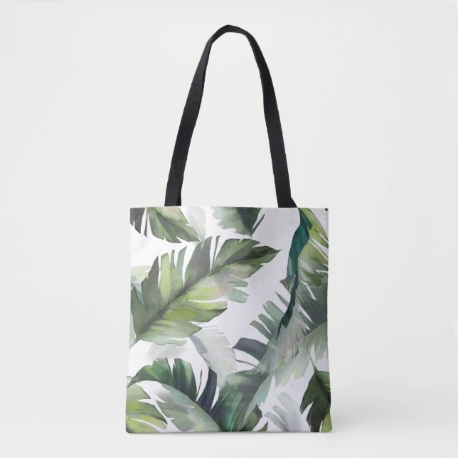 Tropical Foliage Green and White Pattern Tote Bag (Front)