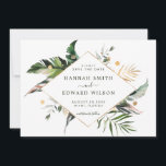 Tropical Foliage Green Gold Wedding Photo Save The Date<br><div class="desc">This wedding save the date invitation card features watercolor palm tree leaves,  banana leaves,  exotic tropical leaves,  faux gold leaves with a faux gold diamond shape frame,  and a photo on the back.  It's perfect for a tropical,  beach,  summer,  or destination wedding.</div>