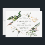 Tropical Foliage Green Gold Wedding Photo Save The Date<br><div class="desc">This wedding save the date invitation card features watercolor palm tree leaves,  banana leaves,  exotic tropical leaves,  faux gold leaves with a faux gold diamond shape frame,  and a photo on the back.  It's perfect for a tropical,  beach,  summer,  or destination wedding.</div>