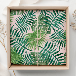 Tropical Foliage Green on Pink Watercolor Tissue Paper