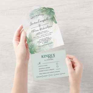 Tropical Foliage Green Watercolor Wedding All In One Invitation