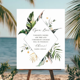 Tropical Foliage Green Wedding Open Bar Sign