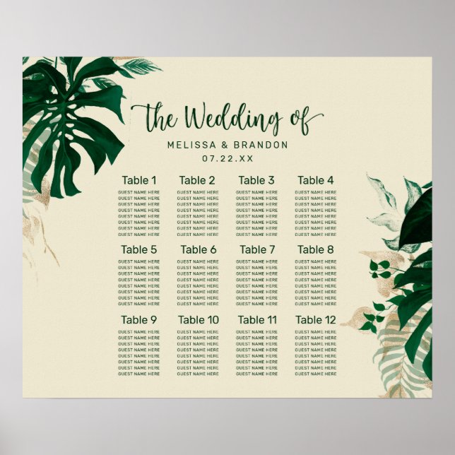 Tropical Foliage Greenery 12 Table Seating Chart (Front)