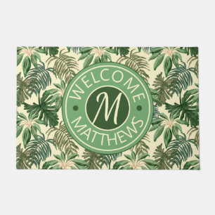 Tropical Foliage Leaves Garden Watercolor Monogram Doormat