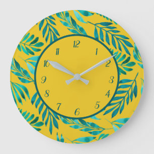 Tropical Foliage Leaves Green Shimmer on Gold Large Clock