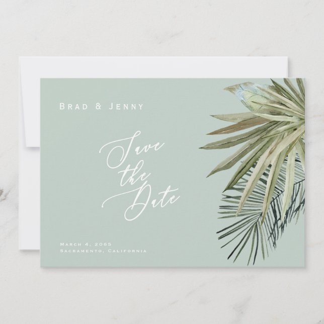 Tropical Foliage Light Sage Wedding Save the Date (Front)