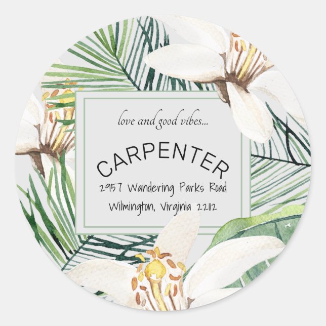 Tropical Foliage Love & Good Vibes Wedding Classic Round Sticker (Front)