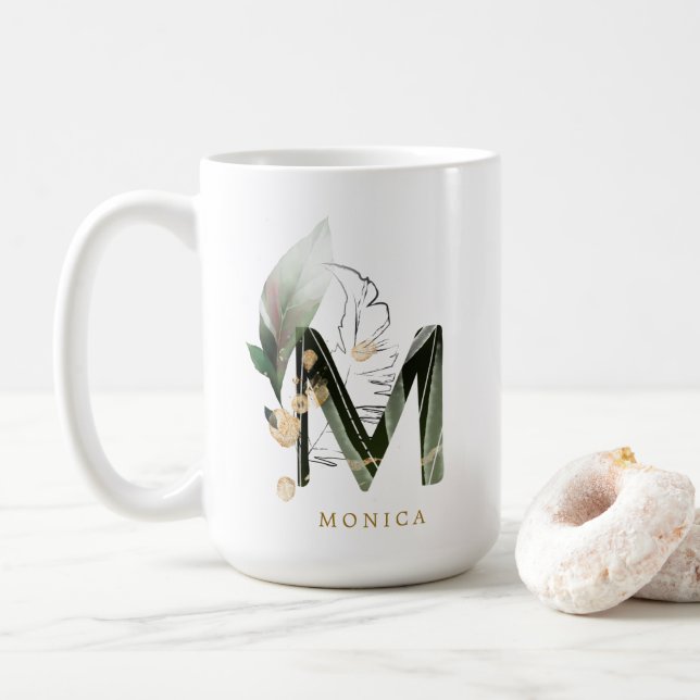Tropical Foliage Monogram Letter "M" Personalised Coffee Mug (With Donut)