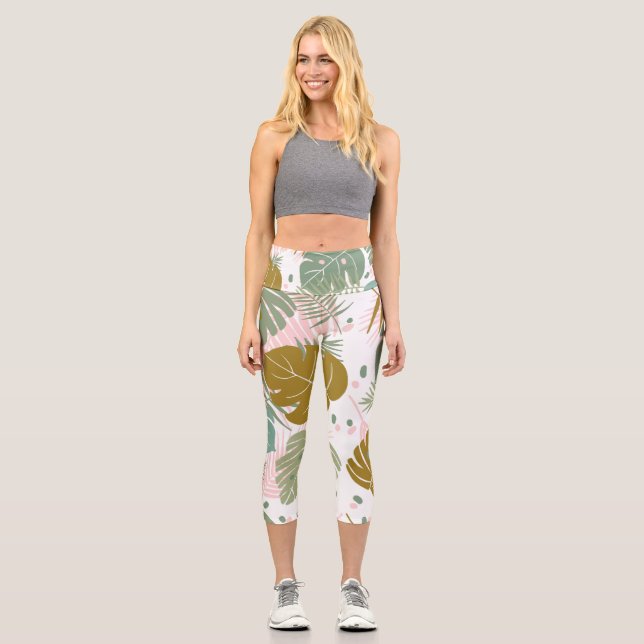 Tropical Foliage - Monstera And Palm Leaf Pattern Capri Leggings (Front)