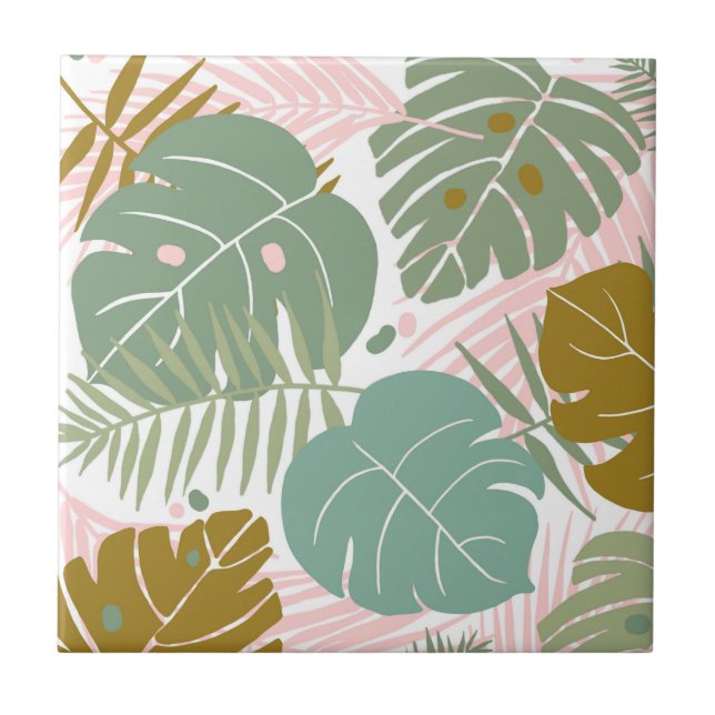 Tropical Foliage - Monstera And Palm Leaf Pattern Ceramic Tile (Front)