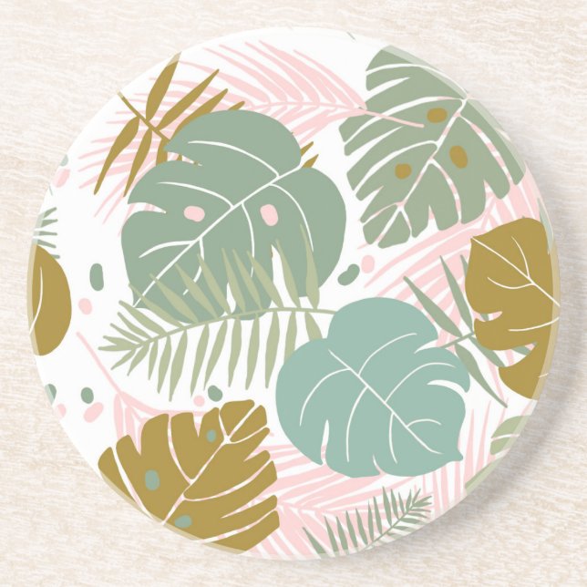 Tropical Foliage - Monstera And Palm Leaf Pattern Coaster (Front)