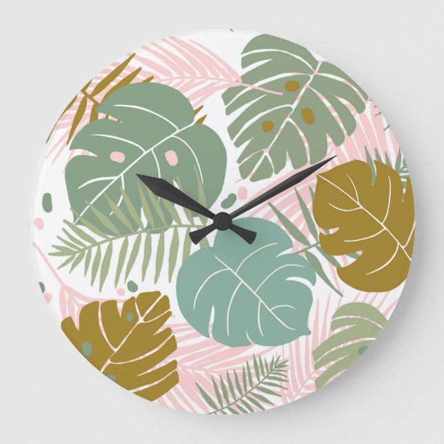 Tropical Foliage - Monstera And Palm Leaf Pattern Large Clock (Front)
