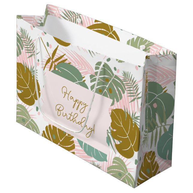 Tropical Foliage - Monstera And Palm Leaf Pattern Large Gift Bag (Front Angled)