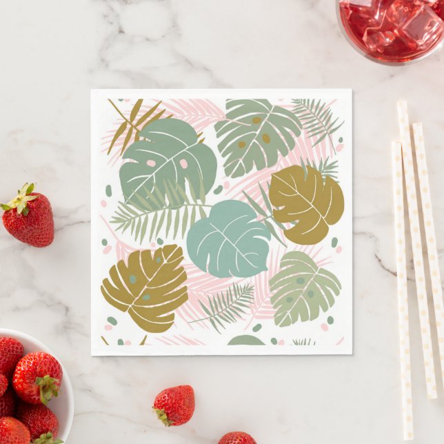 Tropical Foliage - Monstera And Palm Leaf Pattern Napkin (Insitu)