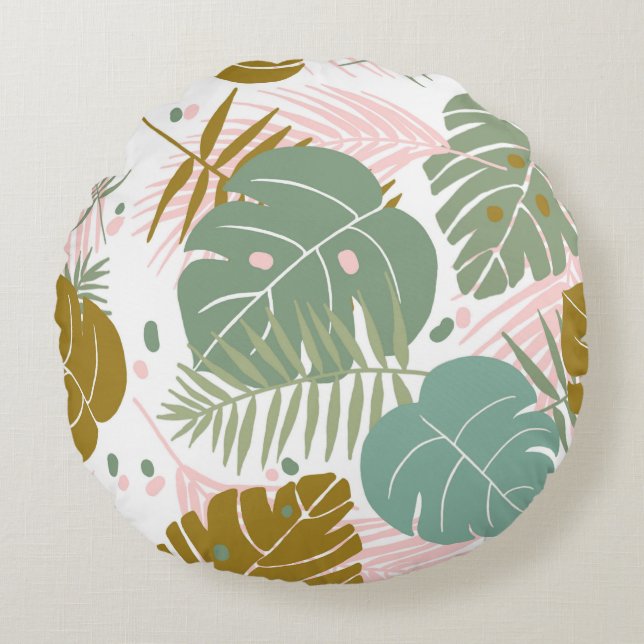 Tropical Foliage - Monstera And Palm Leaf Pattern Round Cushion (Front)