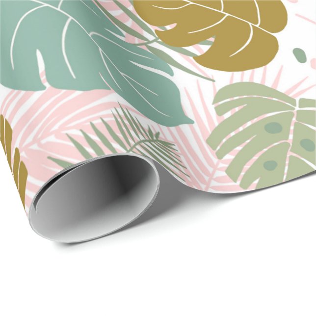 Tropical Foliage - Monstera And Palm Leaf Pattern Wrapping Paper (Roll Corner)