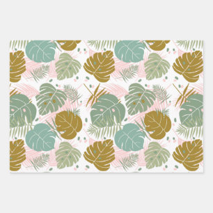 Tropical Foliage - Monstera And Palm Leaf Pattern Wrapping Paper Sheet