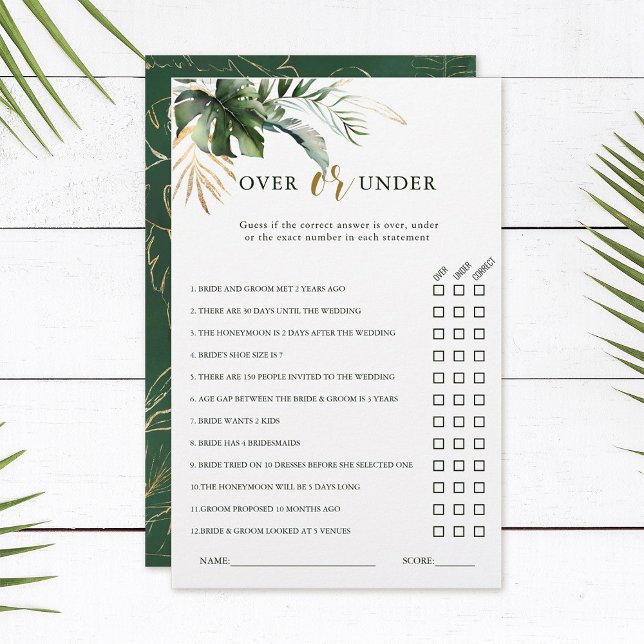 Tropical Foliage Over or Under Bridal Shower Game  (Creator Uploaded)