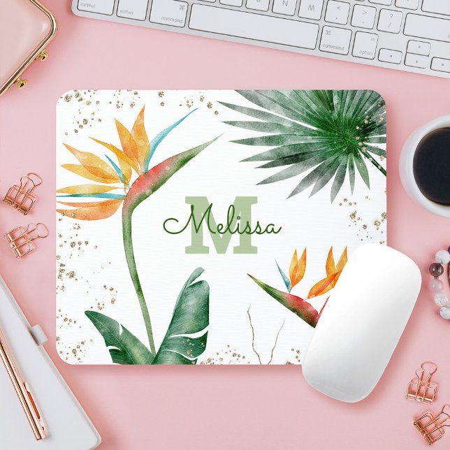 Tropical Foliage Palm Floral Monogram Script Gold Mouse Pad (Creator Uploaded)