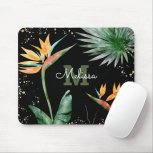 Tropical Foliage Palm Monogram Script Gold Black Mouse Pad