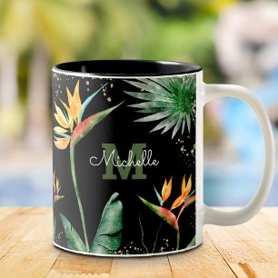 Tropical Foliage Palm Monogram Script Gold Black Two-Tone Coffee Mug