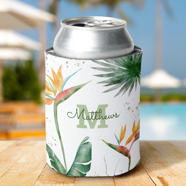 Tropical Foliage Palm Monogram Script Gold White Can Cooler (Creator Uploaded)