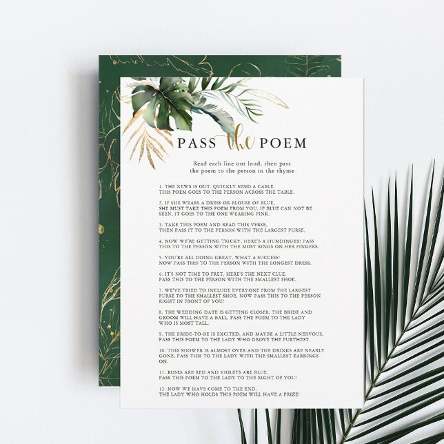 Tropical Foliage Pass the Poem Bridal Shower Game Invitation (Front & Back)