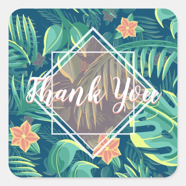 Tropical Foliage Pattern Personlaized Thank You Square Sticker (Front)