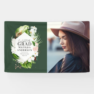 Tropical foliage photo graduation party banner