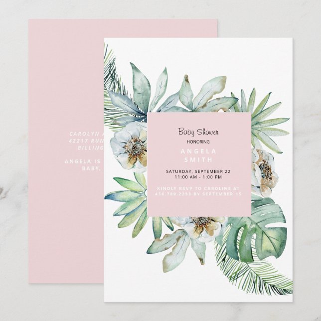 Tropical Foliage Pink Baby Shower Invitation (Front/Back)