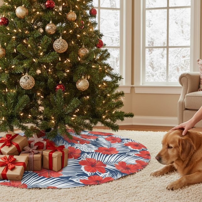 Tropical Foliage Red Floral Hibiscus | Christmas Brushed Polyester Tree Skirt (Creator Uploaded)