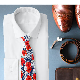 Tropical Foliage Red Floral Hibiscus Tie