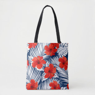 Tropical Foliage Red Floral Hibiscus Tote Bag