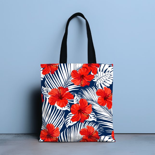 Tropical Foliage Red Floral Hibiscus Tote Bag (Creator Uploaded)
