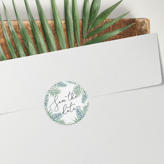 Tropical Foliage Save the Date Classic Round Sticker (Creator Uploaded)