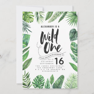 Tropical foliage + script text wild one birthday