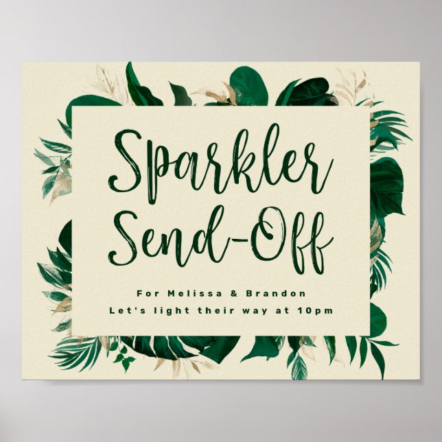 Tropical Foliage Sparkler Newlywed Send-off Sign (Front)