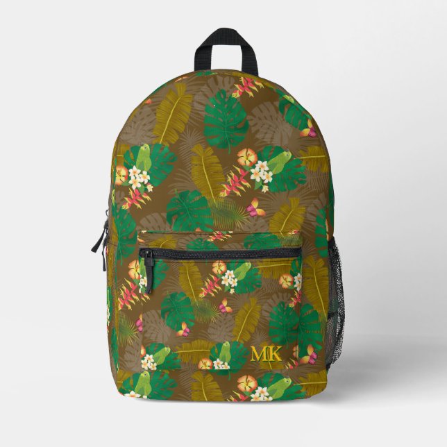 Tropical Foliage Summer Brown Printed Backpack (Front)