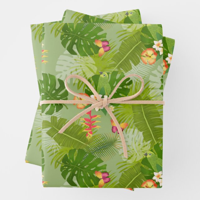 Tropical Foliage Summer Green Wrapping Paper Sheet (In situ)