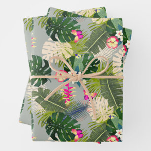 Tropical Foliage Summer Grey Wrapping Paper Sheet