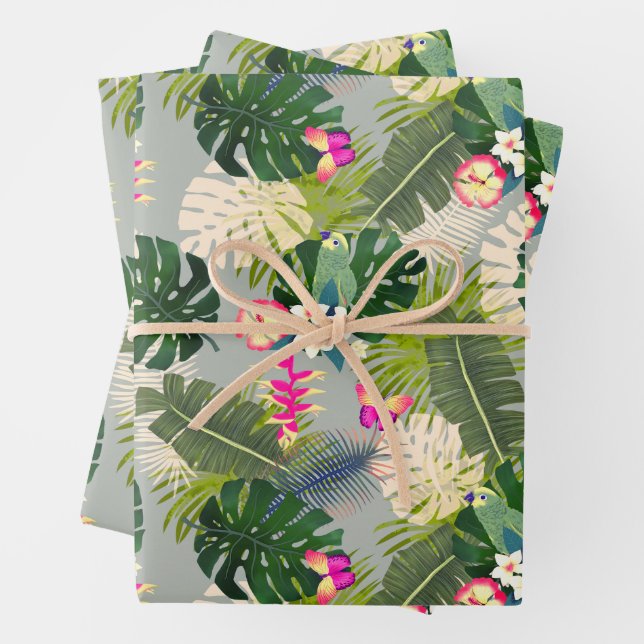 Tropical Foliage Summer Grey Wrapping Paper Sheet (In situ)