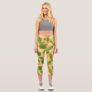 Tropical Foliage Summer Orange Capri Leggings