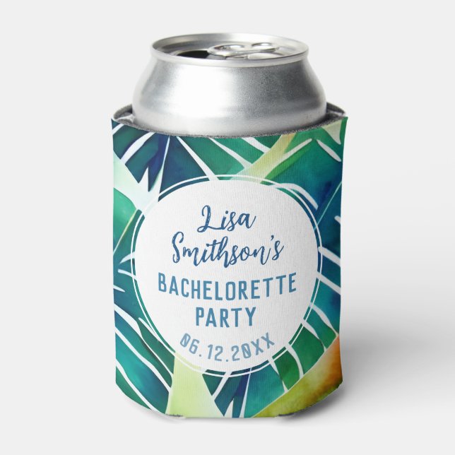    Tropical Foliage Watercolor Custom Bachelorette Can Cooler (Can Front)