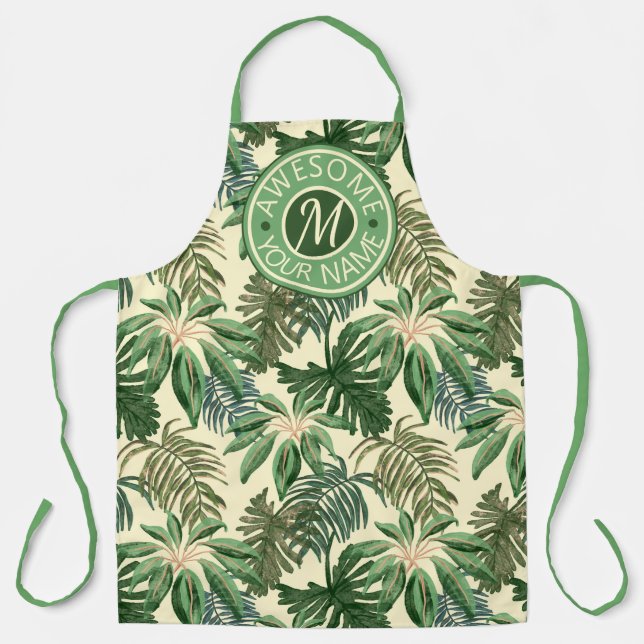 Tropical Foliage Watercolor Leaves Circle Monogram Apron (Front)
